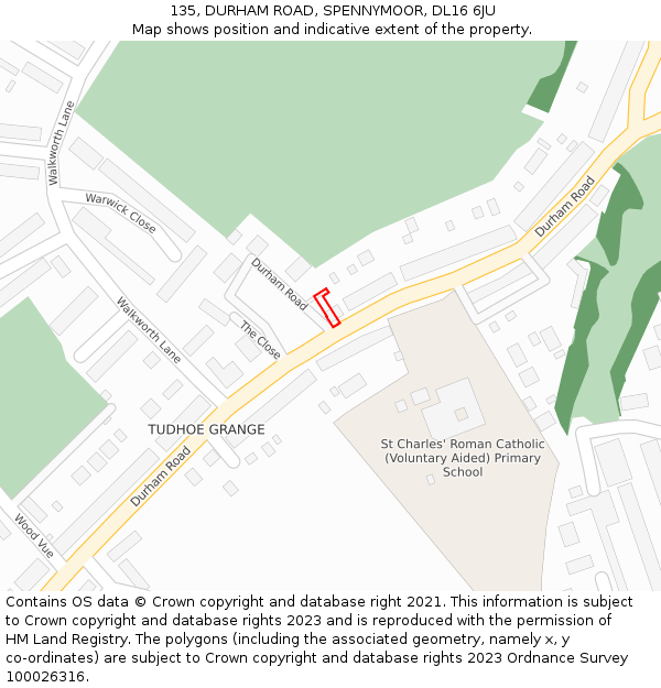 135, DURHAM ROAD, SPENNYMOOR, DL16 6JU: Location map and indicative extent of plot