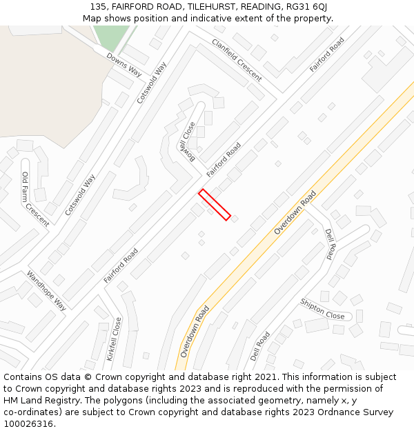 135, FAIRFORD ROAD, TILEHURST, READING, RG31 6QJ: Location map and indicative extent of plot