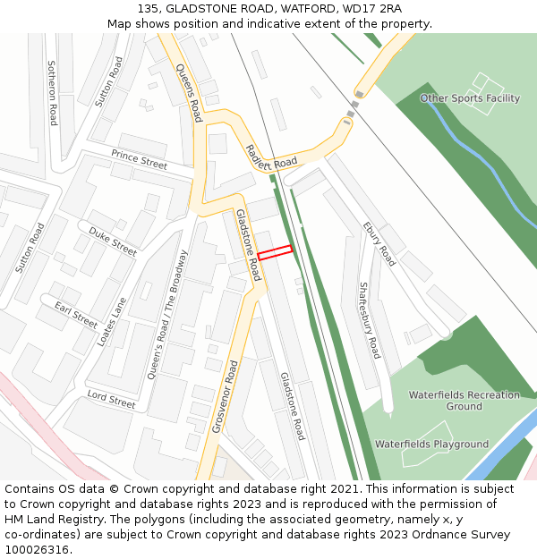 135, GLADSTONE ROAD, WATFORD, WD17 2RA: Location map and indicative extent of plot