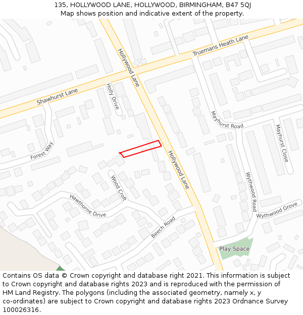 135, HOLLYWOOD LANE, HOLLYWOOD, BIRMINGHAM, B47 5QJ: Location map and indicative extent of plot
