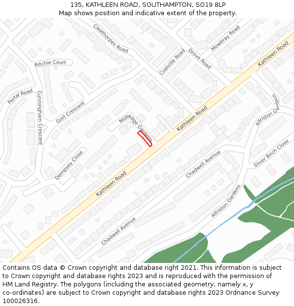 135, KATHLEEN ROAD, SOUTHAMPTON, SO19 8LP: Location map and indicative extent of plot