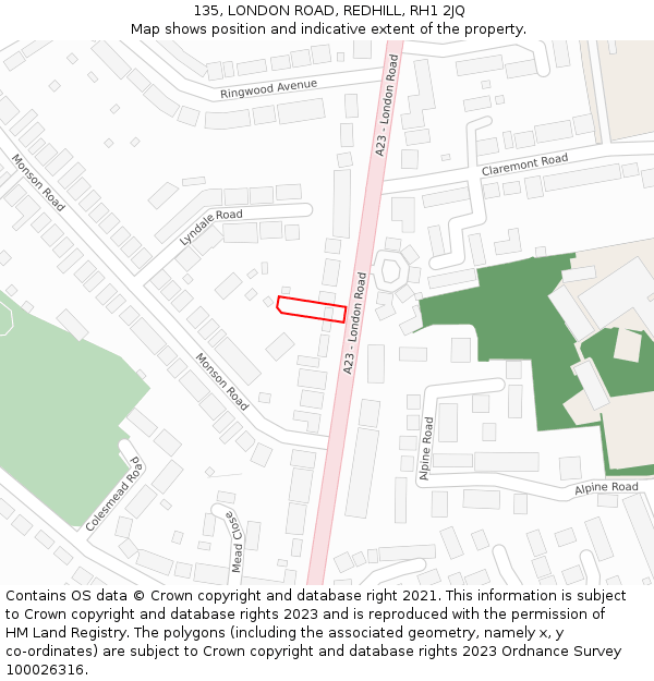 135, LONDON ROAD, REDHILL, RH1 2JQ: Location map and indicative extent of plot