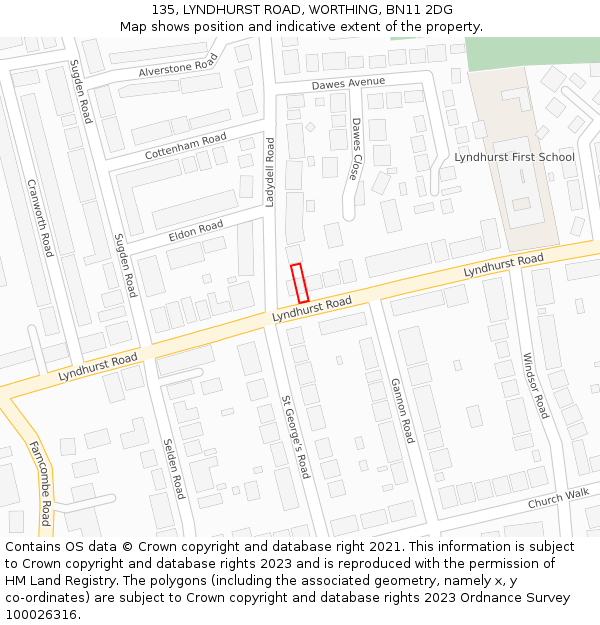 135, LYNDHURST ROAD, WORTHING, BN11 2DG: Location map and indicative extent of plot