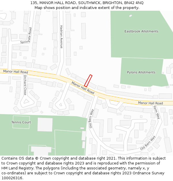 135, MANOR HALL ROAD, SOUTHWICK, BRIGHTON, BN42 4NQ: Location map and indicative extent of plot