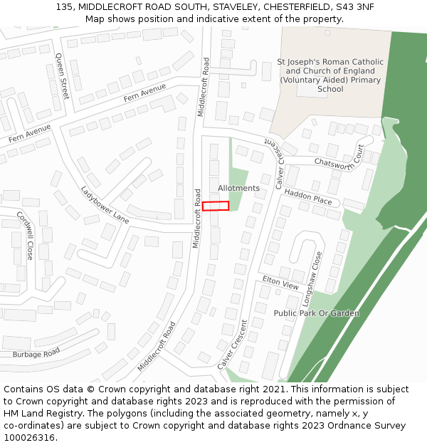 135, MIDDLECROFT ROAD SOUTH, STAVELEY, CHESTERFIELD, S43 3NF: Location map and indicative extent of plot