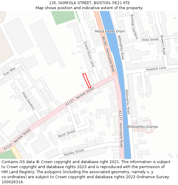 135, NORFOLK STREET, BOSTON, PE21 9TE: Location map and indicative extent of plot