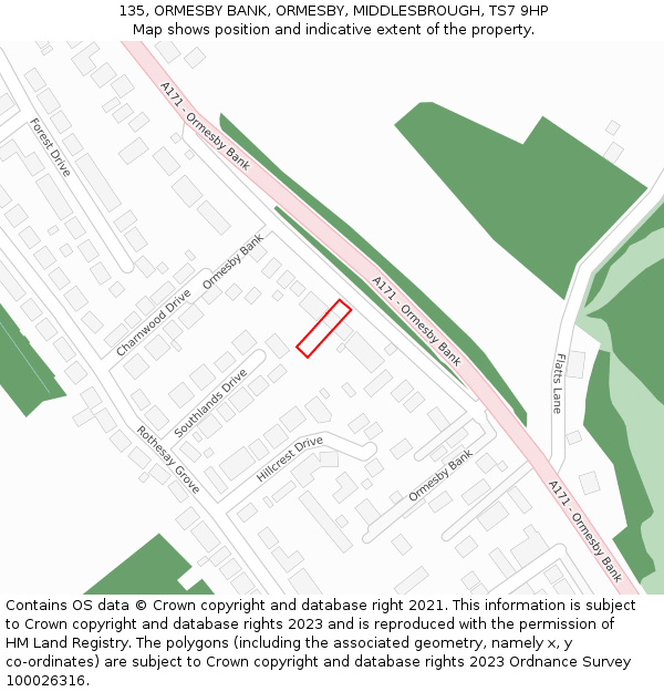 135, ORMESBY BANK, ORMESBY, MIDDLESBROUGH, TS7 9HP: Location map and indicative extent of plot