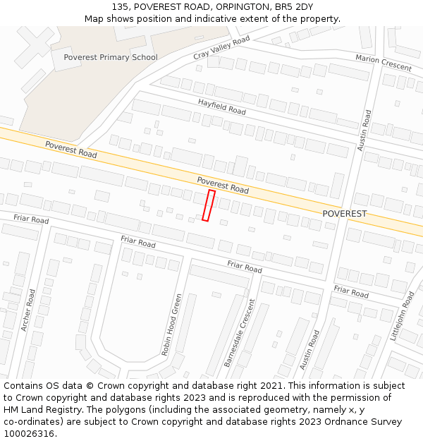 135, POVEREST ROAD, ORPINGTON, BR5 2DY: Location map and indicative extent of plot