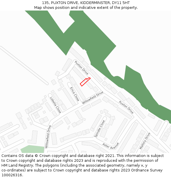 135, PUXTON DRIVE, KIDDERMINSTER, DY11 5HT: Location map and indicative extent of plot