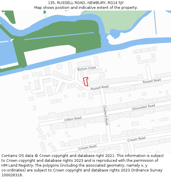 135, RUSSELL ROAD, NEWBURY, RG14 5JY: Location map and indicative extent of plot