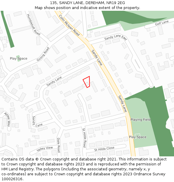 135, SANDY LANE, DEREHAM, NR19 2EG: Location map and indicative extent of plot