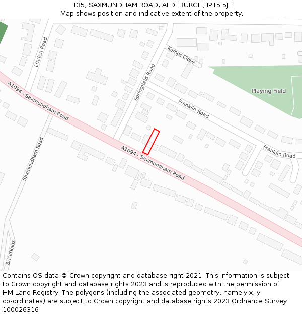 135, SAXMUNDHAM ROAD, ALDEBURGH, IP15 5JF: Location map and indicative extent of plot