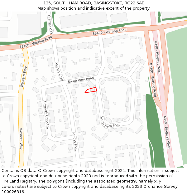 135, SOUTH HAM ROAD, BASINGSTOKE, RG22 6AB: Location map and indicative extent of plot