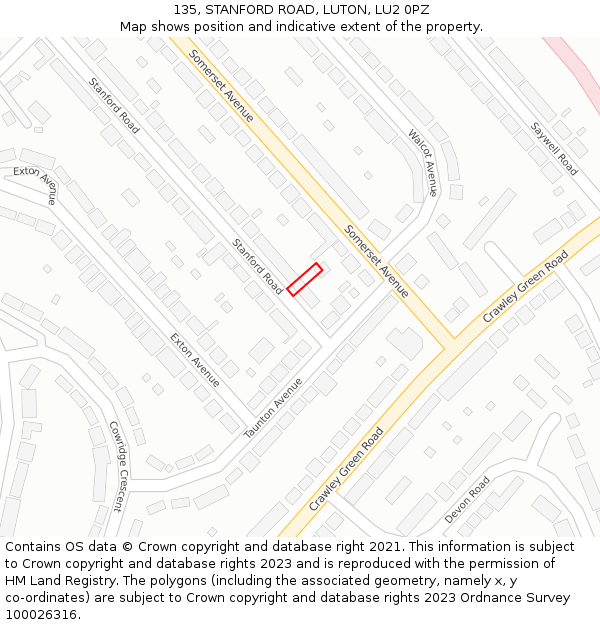 135, STANFORD ROAD, LUTON, LU2 0PZ: Location map and indicative extent of plot