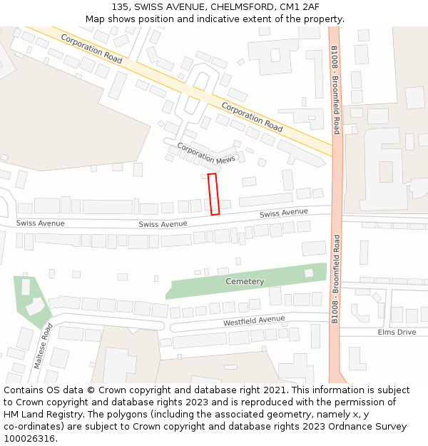 135, SWISS AVENUE, CHELMSFORD, CM1 2AF: Location map and indicative extent of plot