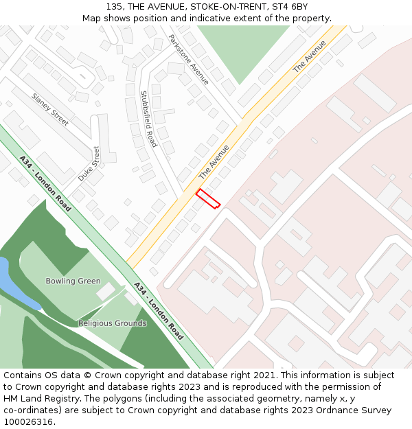 135, THE AVENUE, STOKE-ON-TRENT, ST4 6BY: Location map and indicative extent of plot