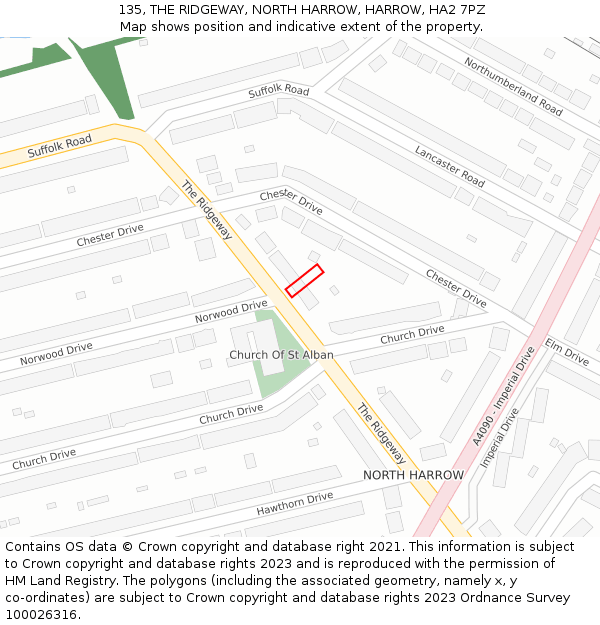 135, THE RIDGEWAY, NORTH HARROW, HARROW, HA2 7PZ: Location map and indicative extent of plot