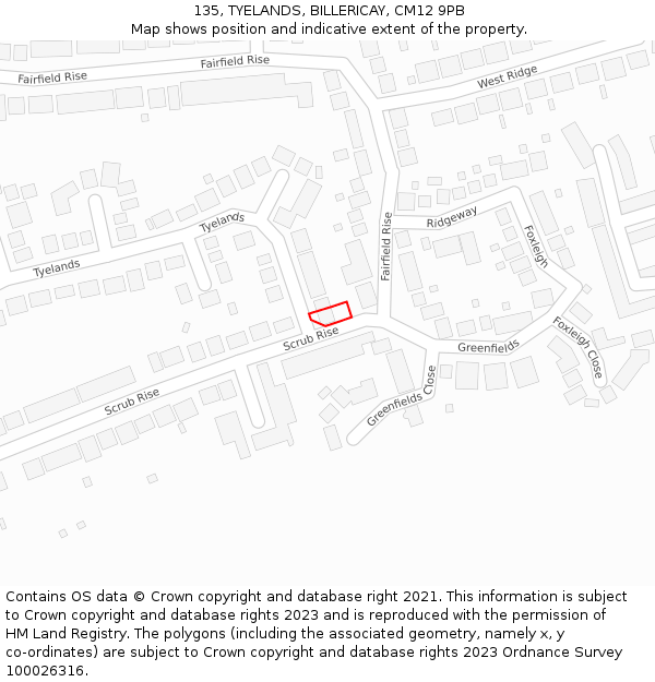 135, TYELANDS, BILLERICAY, CM12 9PB: Location map and indicative extent of plot