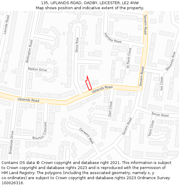 135, UPLANDS ROAD, OADBY, LEICESTER, LE2 4NW: Location map and indicative extent of plot
