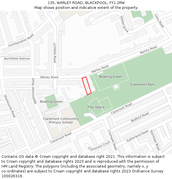 135, WARLEY ROAD, BLACKPOOL, FY1 2RW: Location map and indicative extent of plot