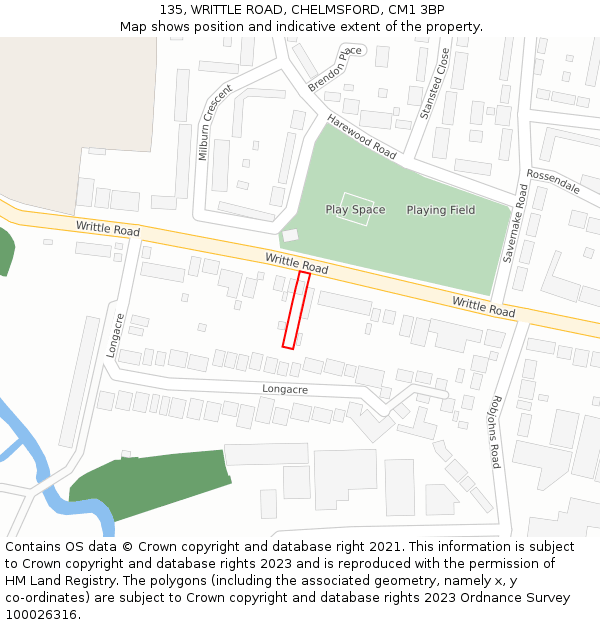 135, WRITTLE ROAD, CHELMSFORD, CM1 3BP: Location map and indicative extent of plot