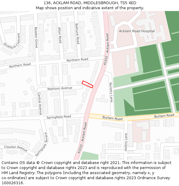 136, ACKLAM ROAD, MIDDLESBROUGH, TS5 4ED: Location map and indicative extent of plot