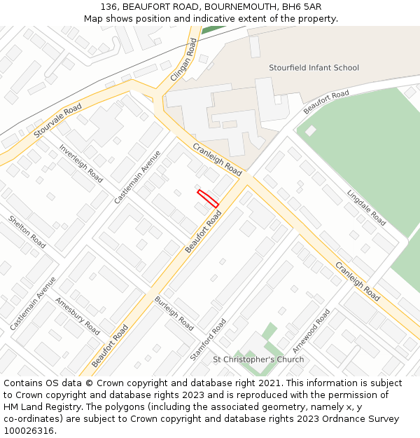 136, BEAUFORT ROAD, BOURNEMOUTH, BH6 5AR: Location map and indicative extent of plot
