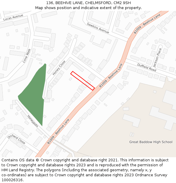 136, BEEHIVE LANE, CHELMSFORD, CM2 9SH: Location map and indicative extent of plot