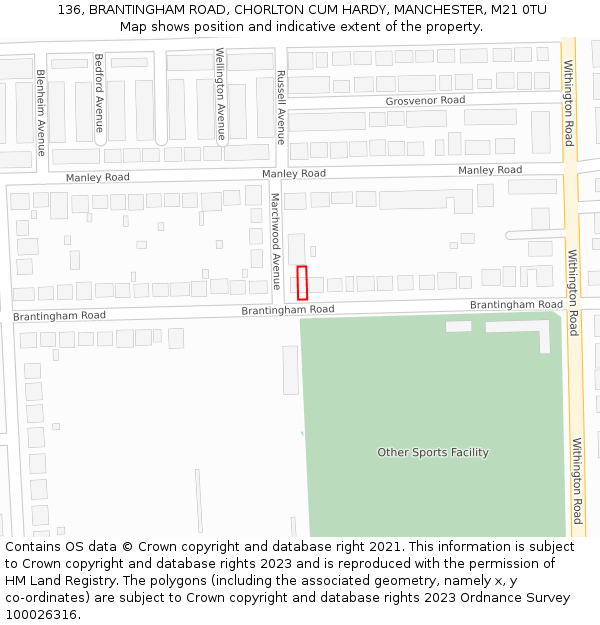 136, BRANTINGHAM ROAD, CHORLTON CUM HARDY, MANCHESTER, M21 0TU: Location map and indicative extent of plot