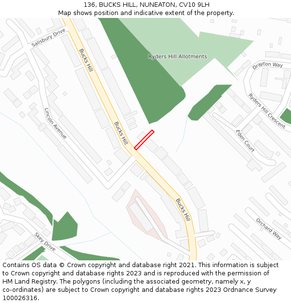 136, BUCKS HILL, NUNEATON, CV10 9LH: Location map and indicative extent of plot