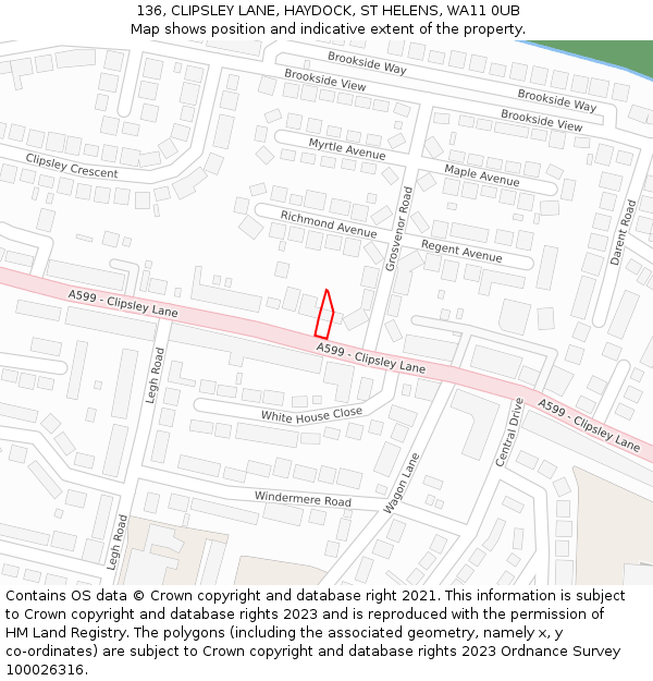 136, CLIPSLEY LANE, HAYDOCK, ST HELENS, WA11 0UB: Location map and indicative extent of plot