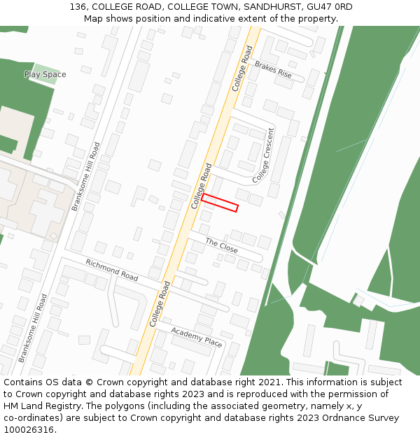 136, COLLEGE ROAD, COLLEGE TOWN, SANDHURST, GU47 0RD: Location map and indicative extent of plot