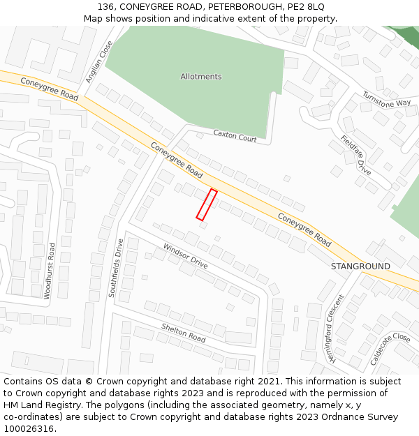 136, CONEYGREE ROAD, PETERBOROUGH, PE2 8LQ: Location map and indicative extent of plot