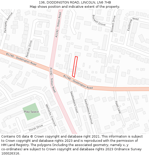 136, DODDINGTON ROAD, LINCOLN, LN6 7HB: Location map and indicative extent of plot