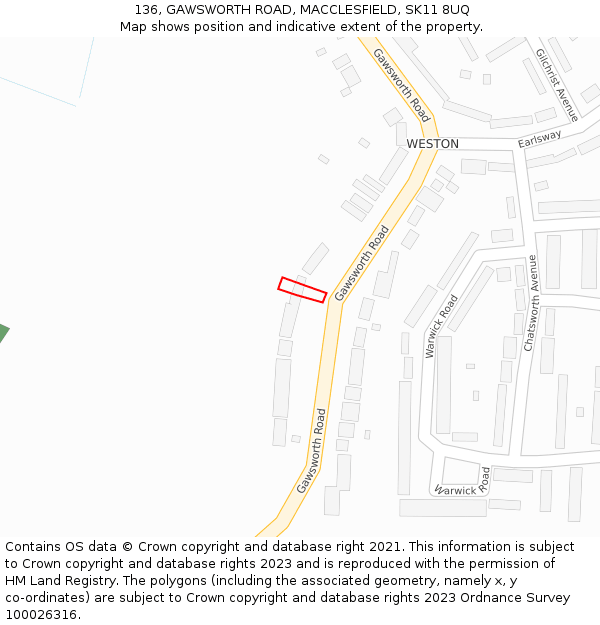 136, GAWSWORTH ROAD, MACCLESFIELD, SK11 8UQ: Location map and indicative extent of plot