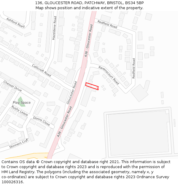 136, GLOUCESTER ROAD, PATCHWAY, BRISTOL, BS34 5BP: Location map and indicative extent of plot