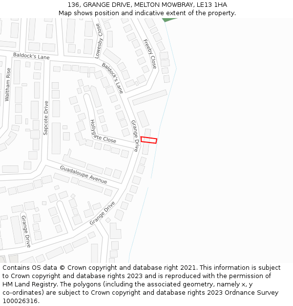 136, GRANGE DRIVE, MELTON MOWBRAY, LE13 1HA: Location map and indicative extent of plot