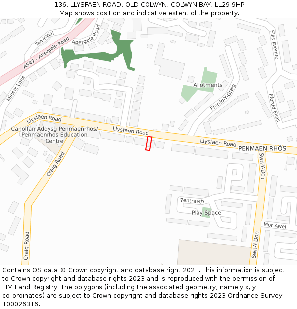 136, LLYSFAEN ROAD, OLD COLWYN, COLWYN BAY, LL29 9HP: Location map and indicative extent of plot