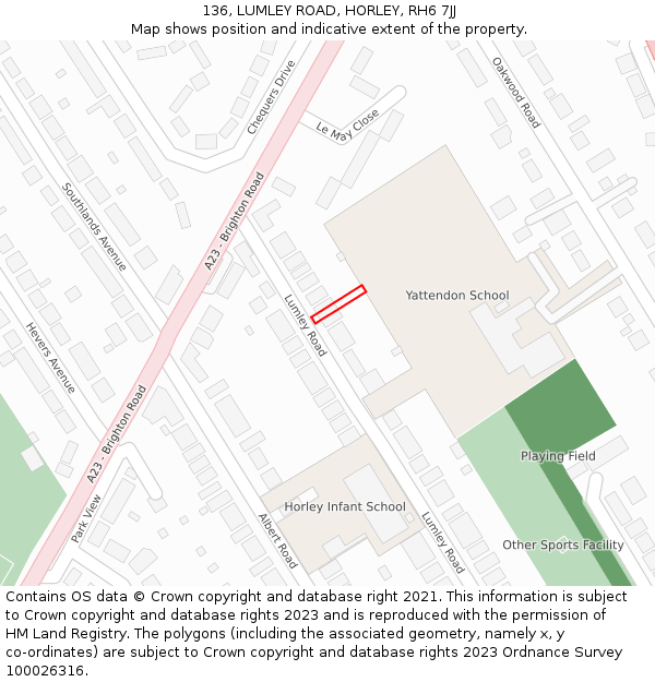 136, LUMLEY ROAD, HORLEY, RH6 7JJ: Location map and indicative extent of plot