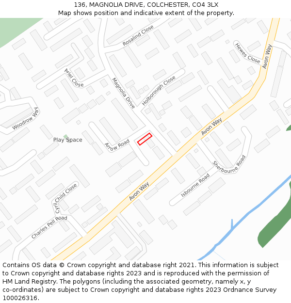 136, MAGNOLIA DRIVE, COLCHESTER, CO4 3LX: Location map and indicative extent of plot