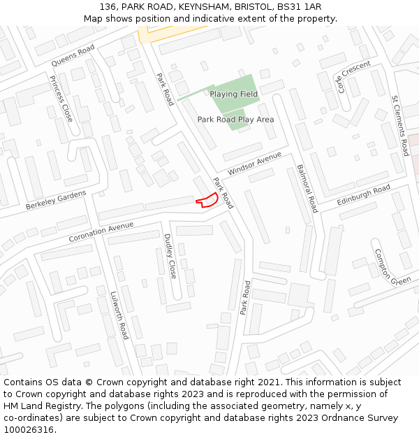 136, PARK ROAD, KEYNSHAM, BRISTOL, BS31 1AR: Location map and indicative extent of plot