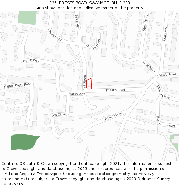 136, PRIESTS ROAD, SWANAGE, BH19 2RR: Location map and indicative extent of plot