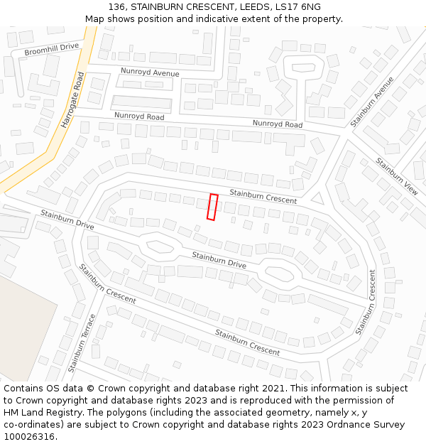 136, STAINBURN CRESCENT, LEEDS, LS17 6NG: Location map and indicative extent of plot