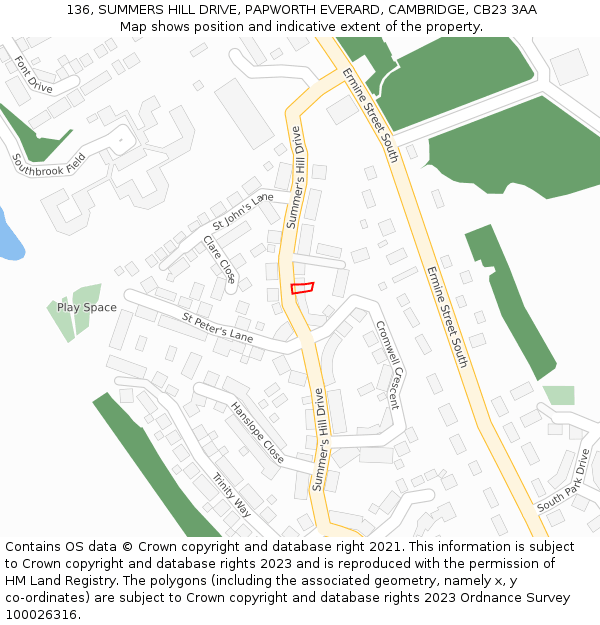 136, SUMMERS HILL DRIVE, PAPWORTH EVERARD, CAMBRIDGE, CB23 3AA: Location map and indicative extent of plot