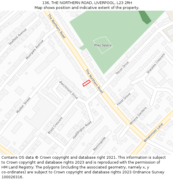 136, THE NORTHERN ROAD, LIVERPOOL, L23 2RH: Location map and indicative extent of plot