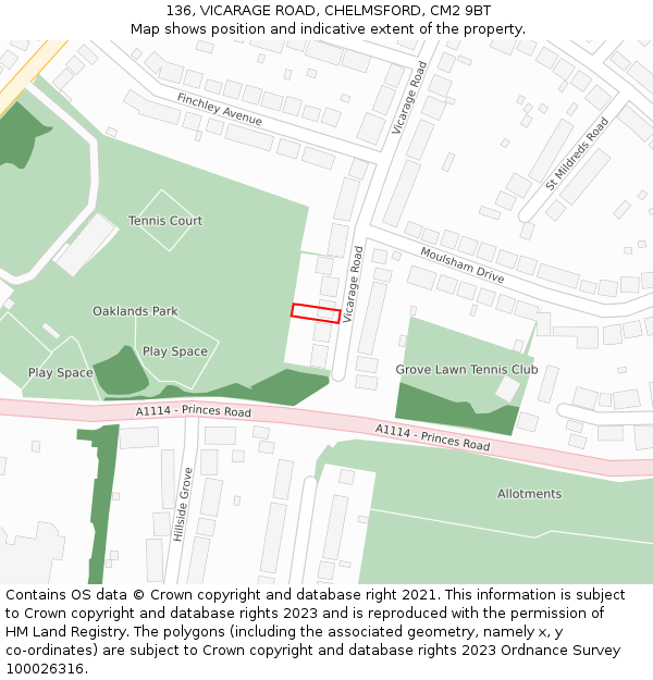 136, VICARAGE ROAD, CHELMSFORD, CM2 9BT: Location map and indicative extent of plot