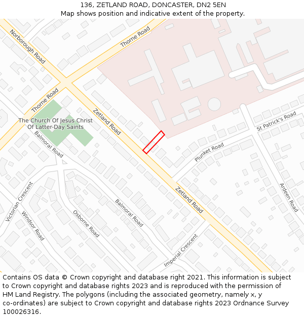 136, ZETLAND ROAD, DONCASTER, DN2 5EN: Location map and indicative extent of plot