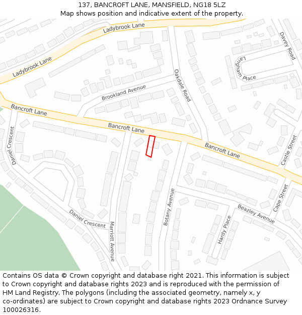 137, BANCROFT LANE, MANSFIELD, NG18 5LZ: Location map and indicative extent of plot