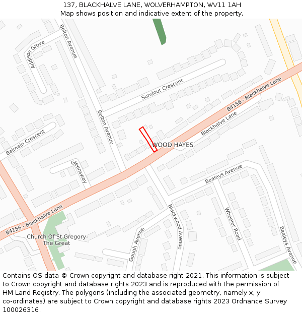 137, BLACKHALVE LANE, WOLVERHAMPTON, WV11 1AH: Location map and indicative extent of plot
