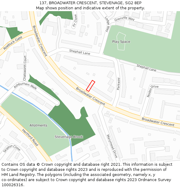 137, BROADWATER CRESCENT, STEVENAGE, SG2 8EP: Location map and indicative extent of plot